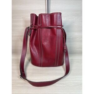 LANCEL Paris LEATHER Bucket Bag Shoulder Handbag Red Drawstring Gold Hardware